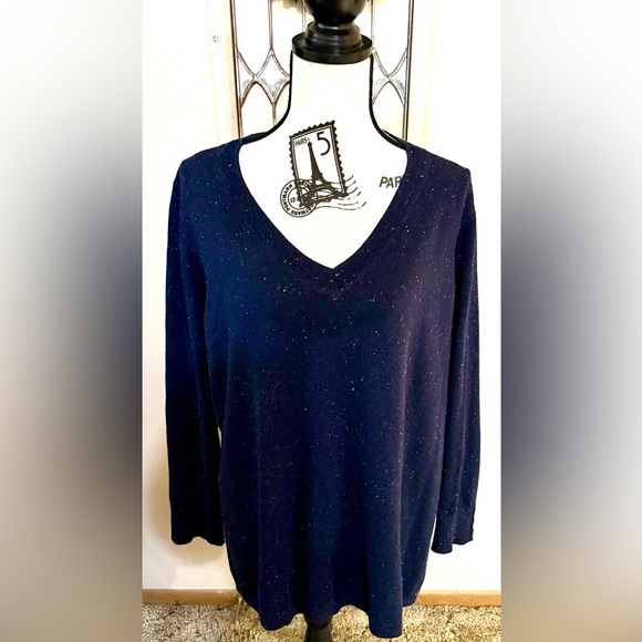 Talbots 1X Navy Blue V-Neck Sweater with Colorful Tweed Flecks - Picture 2 of 5